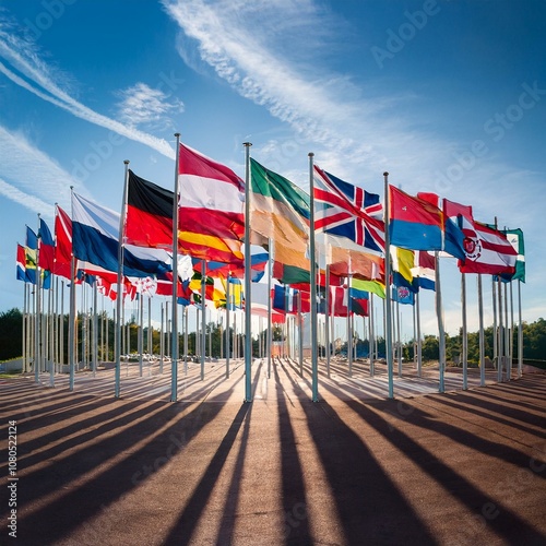 The image shows a display of various national flags
