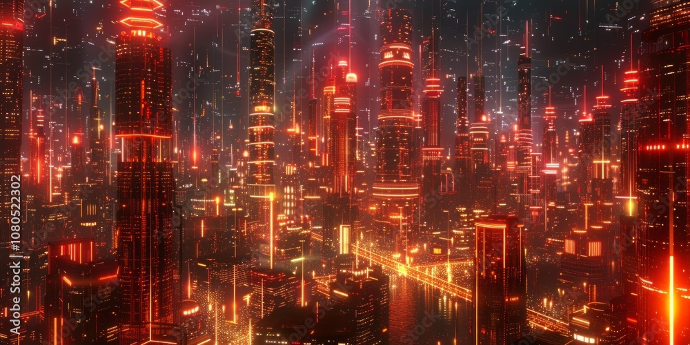 Futuristic city skyline with red and gold neon lights. Night scene with advanced skyscrapers. 3D Render. Futuristic city skyline with red and gold neon lights. Night scene with advanced skyscrapers. 3D Render.