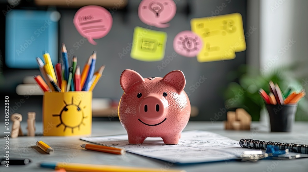 A cheerful piggy bank sits on a desk surrounded by colorful stationery and sticky notes, symbolizing savings and financial planning. A cheerful piggy bank sits on a desk surrounded by colorful stationery and sticky notes, symbolizing savings and financial planning.