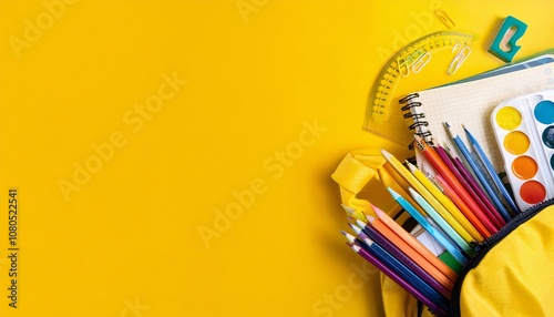 a bright yellow backpack full of school supplies, such as books, pencils, rulers and other stationery.
