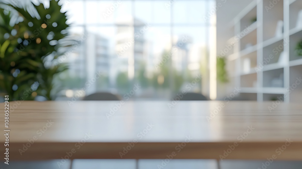 A blurred view of a modern office space with a wooden table and greenery in the background. A blurred view of a modern office space with a wooden table and greenery in the background.