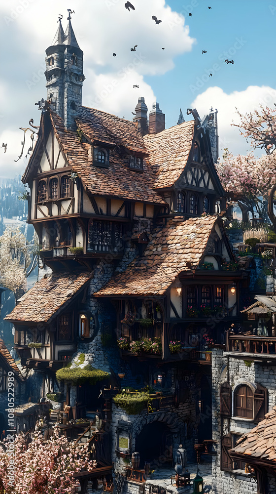 Obraz premium Illustration Medieval Town Fantasy Village Building Architecture
