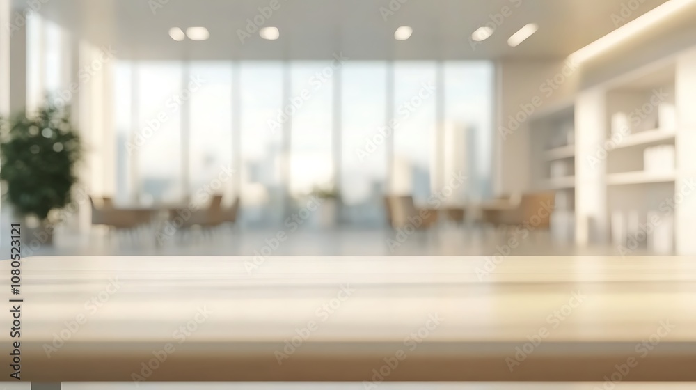 A modern, bright office space with a wooden table in the foreground and a spacious, airy atmosphere. A modern, bright office space with a wooden table in the foreground and a spacious, airy atmosphere.