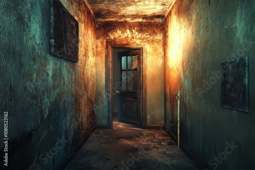 An eerie, dimly lit corridor with peeling walls and an open door, creating a mysterious and abandoned atmosphere.