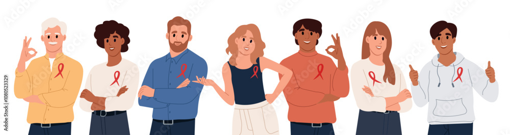 World AIDS Day and National HIV Awareness Month. Group portrait of men and women with red awareness ribbons. Vector illustration in flat style World AIDS Day and National HIV Awareness Month. Group portrait of men and women with red awareness ribbons. Vector illustration in flat style