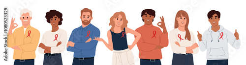 World AIDS Day and National HIV Awareness Month. Group portrait of men and women with red awareness ribbons. Vector illustration in flat style