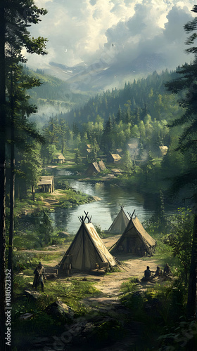 Wallpaper Mural Illustration of Enchanting Forest Village with Teepees Torontodigital.ca