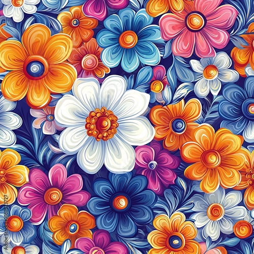 Vibrant floral pattern with blue, orange, pink, and white flowers on a dark blue background.