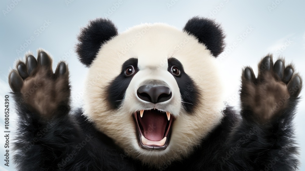 Fototapeta premium Happy funny panda hands up isolated on white background, 