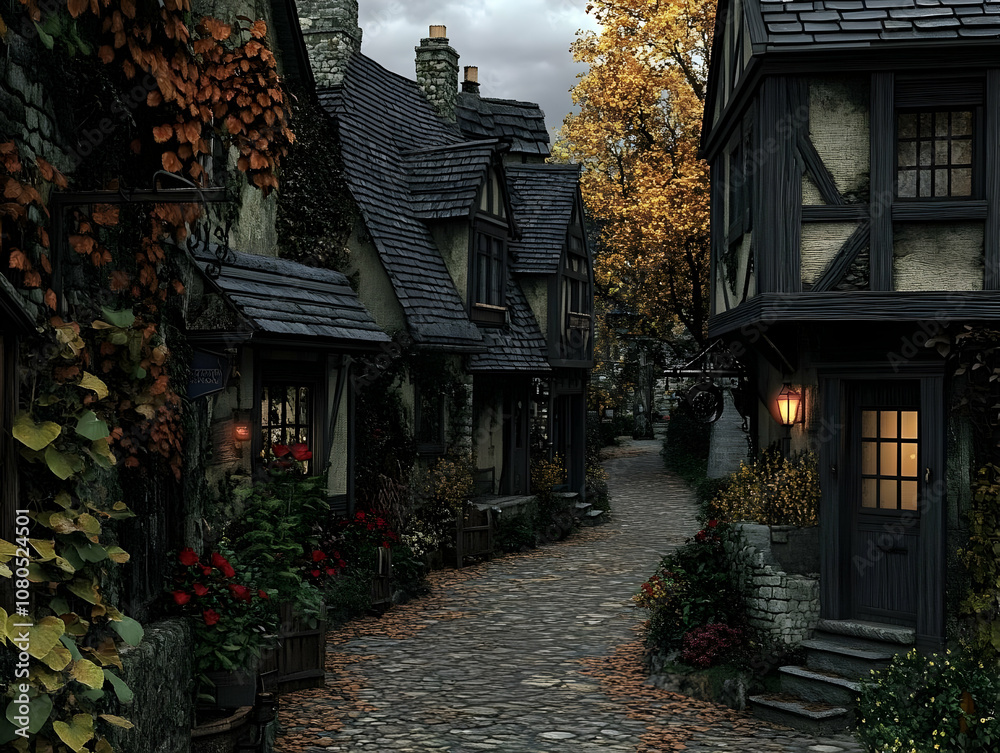 Fototapeta premium Illustration - Cozy Autumn Village Lane at Dusk