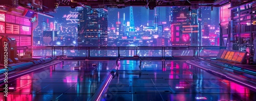 Cyberpunk rooftop with a view of a neon cityscape, 4K illustration.