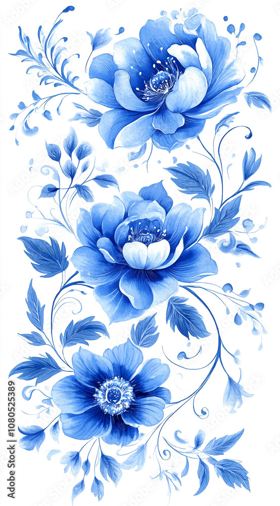 A painting of three blue flowers with delicate stems and leaves on a white background. The painting is likely from the late 19th or early 20th century, based on its style A painting of three blue flowers with delicate stems and leaves on a white background. The painting is likely from the late 19th or early 20th century, based on its style