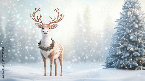 A festive 3D reindeer with a wreath around its neck, standing in front of a snowy Christmas tree, with space for text on the right