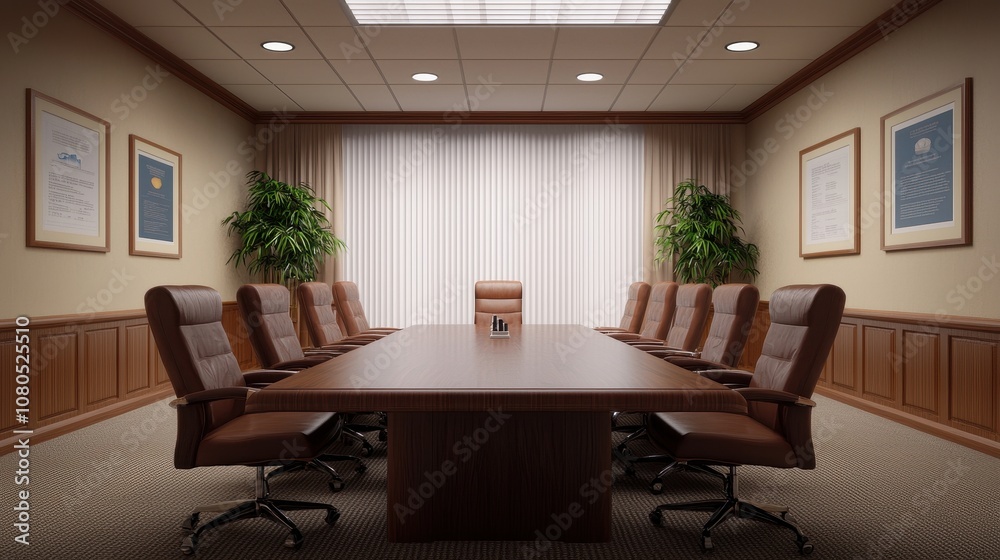 A modern conference room featuring a large table, leather chairs, and plants, designed for professional meetings and collaboration. A modern conference room featuring a large table, leather chairs, and plants, designed for professional meetings and collaboration.