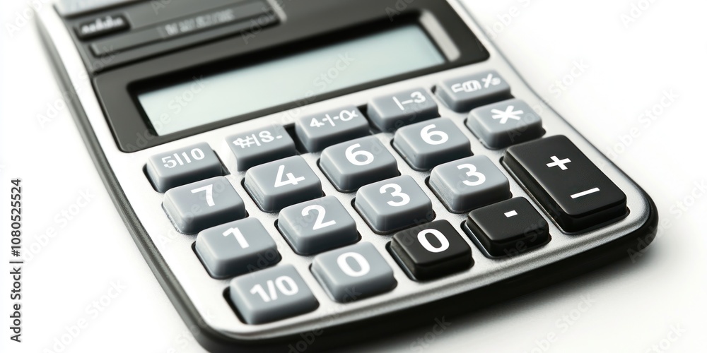 Close-up of a silver and black calculator with a digital display, buttons, and a white background. Close-up of a silver and black calculator with a digital display, buttons, and a white background.
