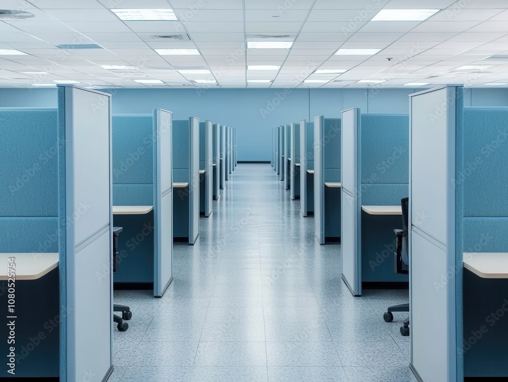 A spacious, modern office interior featuring rows of cubicles and a clean, minimalist design, emphasizing an organized work environment. A spacious, modern office interior featuring rows of cubicles and a clean, minimalist design, emphasizing an organized work environment.