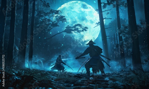Samurai and ninja in a forest skirmish, weapons flashing in the moonlight.