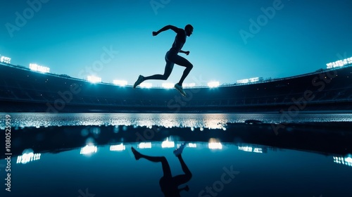 Athlete jumping over a reflective puddle, backlit by stadium lights, intense and powerful sports moment
