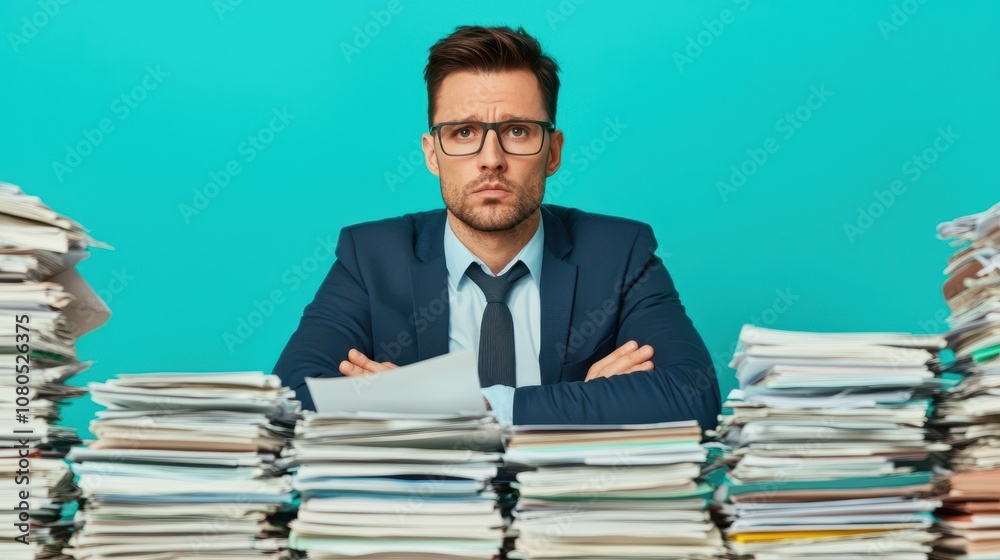 A frustrated businessman sits at a desk overwhelmed by piles of paperwork, conveying stress and the challenges of office work. A frustrated businessman sits at a desk overwhelmed by piles of paperwork, conveying stress and the challenges of office work.