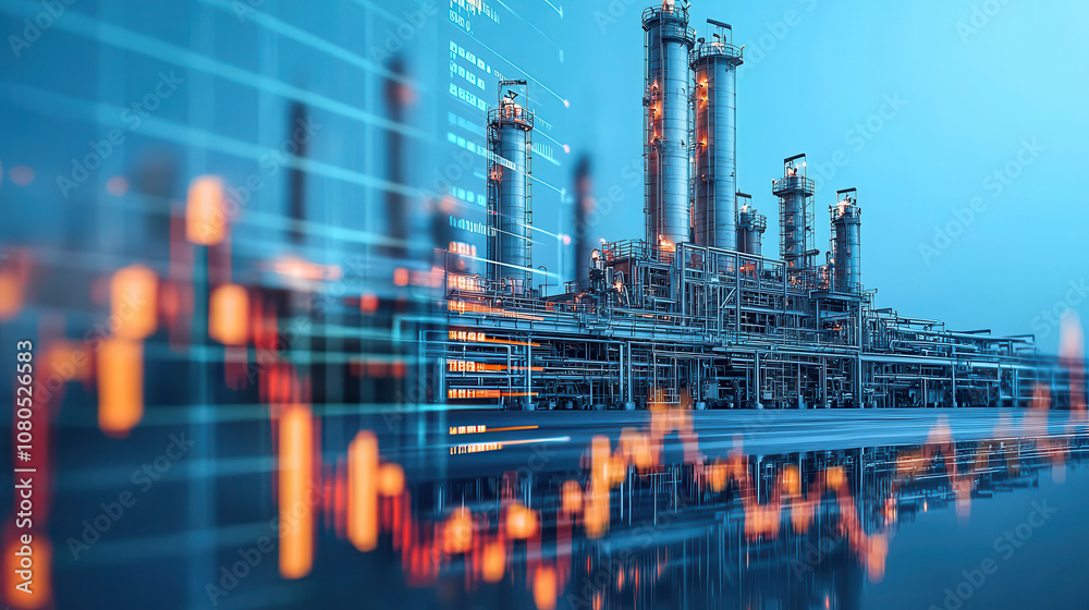 Fototapeta premium Industrial plant with data visualization, showcasing energy production trends