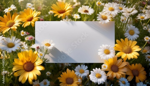 blank rectangular label displaying packaging design surrounded by flowers in nature