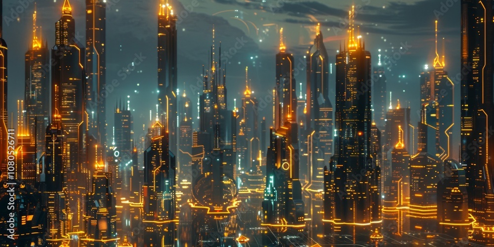 Fototapeta premium Sci-fi city skyline with gold and azure neon lights. Night scene with advanced skyscrapers. 3D Render.