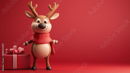 A festive 3D reindeer character with a red scarf, standing next to a Christmas gift box, with empty space on the right.