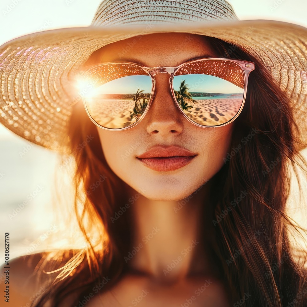 Portrait of a woman wearing a sun hat, backlit with golden light illuminating her hair, reflective sunglasses showing a beach scene, relaxed and summery Portrait of a woman wearing a sun hat, backlit with golden light illuminating her hair, reflective sunglasses showing a beach scene, relaxed and summery