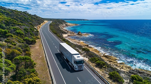 Scenic Coastal Route with Truck on Road, Overlooking Turquoise Water and Lush Greenery Along Australian Shoreline Under Bright Sky