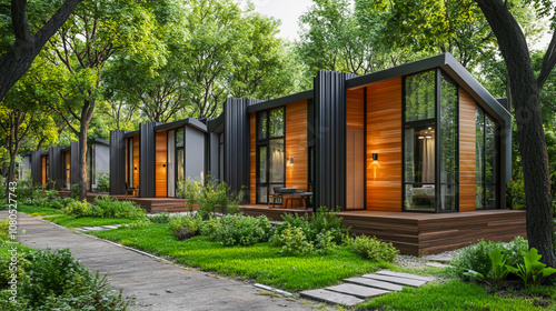 A row of modern, sustainable housing buildings with wooden cladding and dark grey metal facades, surrounded by green trees in the landscape design.