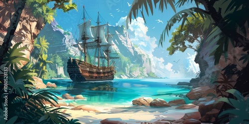 Pirate ship in a hidden cove, comic art style, 4K illustration