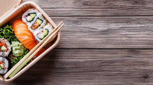 Delicious sushi assortment in a wooden box with chopsticks, displaying vibrant colors and fresh ingredients. photo