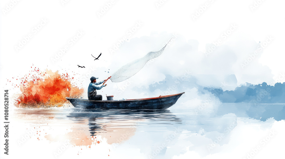 Fototapeta premium Colorful watercolor painting of a fisherman throwing a net at lake sea