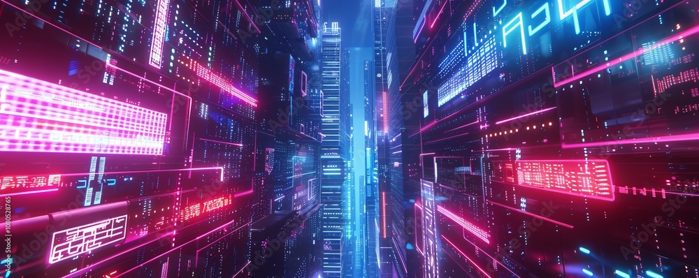 Futuristic skyscraper with neon lights and digital billboards, 4K hyperrealistic photo. Futuristic skyscraper with neon lights and digital billboards, 4K hyperrealistic photo.