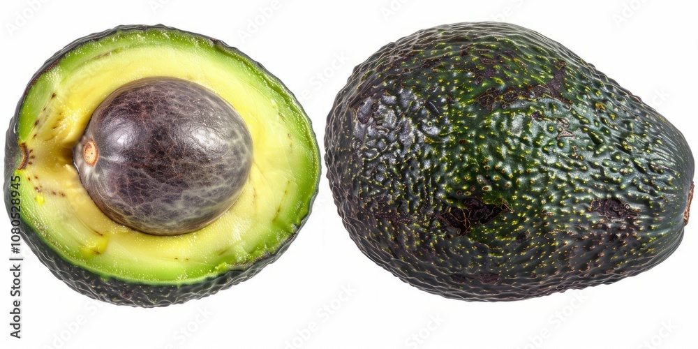 Green avocado, cut in half, seed visible, isolated on white background, sharp details, 4K hyperrealistic photo. Green avocado, cut in half, seed visible, isolated on white background, sharp details, 4K hyperrealistic photo.