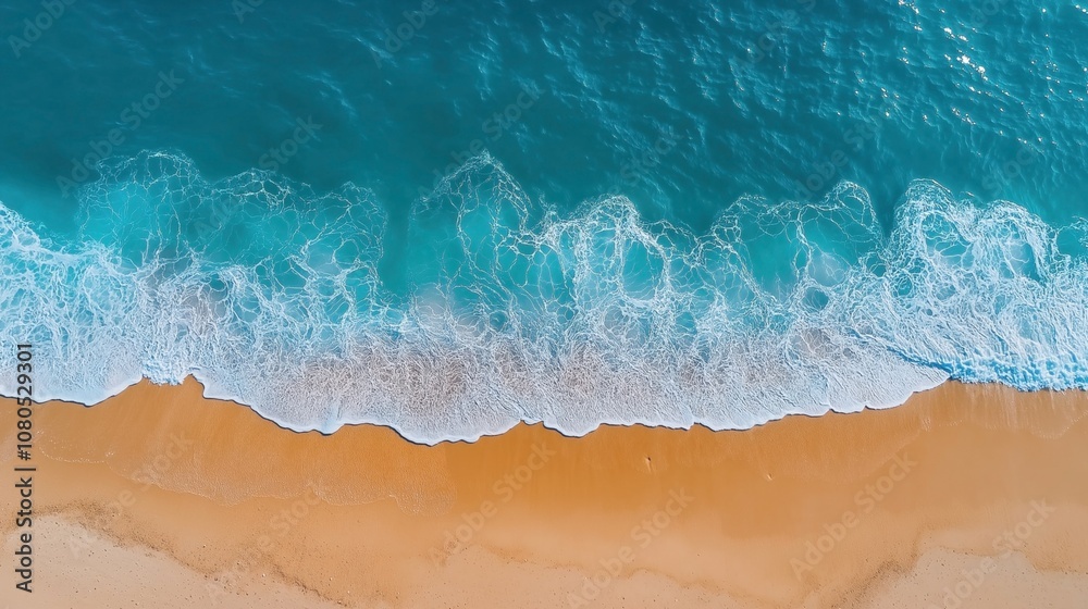 Aerial view of turquoise ocean waves gently crashing onto a sandy beach, creating foamy patterns along the shoreline under clear blue skies. Aerial view of turquoise ocean waves gently crashing onto a sandy beach, creating foamy patterns along the shoreline under clear blue skies.