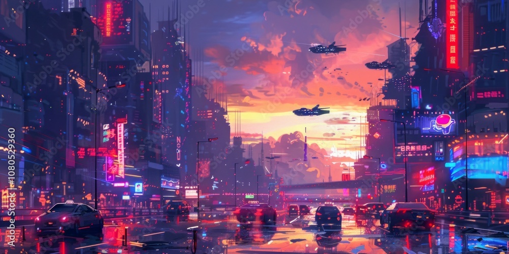 Cyberpunk cityscape with neon lights and flying cars, comic art style, 4K illustration Cyberpunk cityscape with neon lights and flying cars, comic art style, 4K illustration