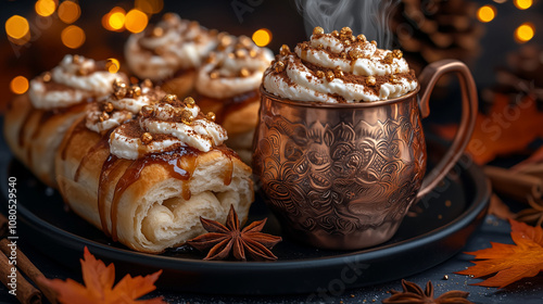 Wallpaper Mural  a steaming chai tea in a copper mug and freshly baked cinnamon rolls with cream cheese frosting Torontodigital.ca