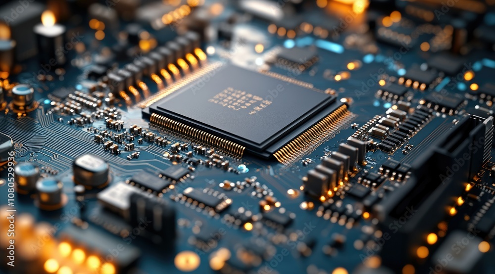 Closeup of a computer processor on a circuit board. Closeup of a computer processor on a circuit board.