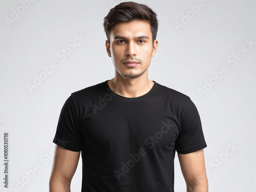 A Young Man wear a plain black T-Shirt Isolated with White Background