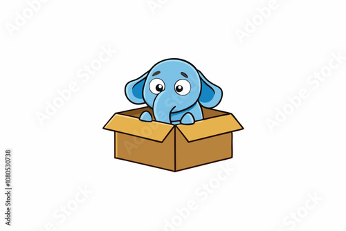 a sad elephant abandoned in a cardboard box, white background, t-shirt design