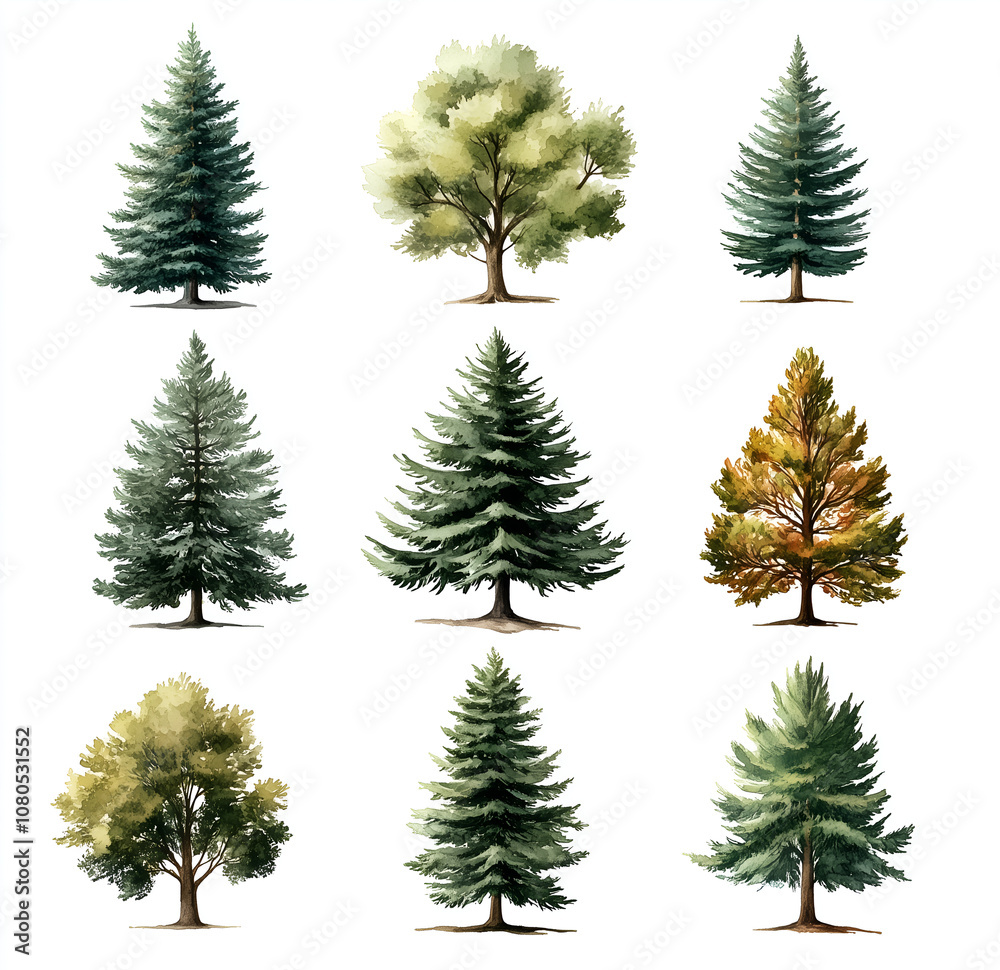 pine tree clip art set, watercolor style, on white background pine tree clip art set, watercolor style, on white background