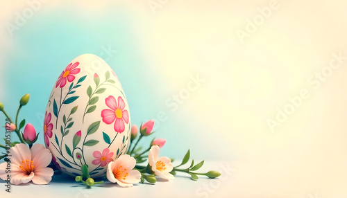Floral Easter egg with spring flowers on pastel vintage card background
