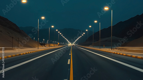 Illuminated highway at night with streetlights and cars driving between mountains under a dark sky photo