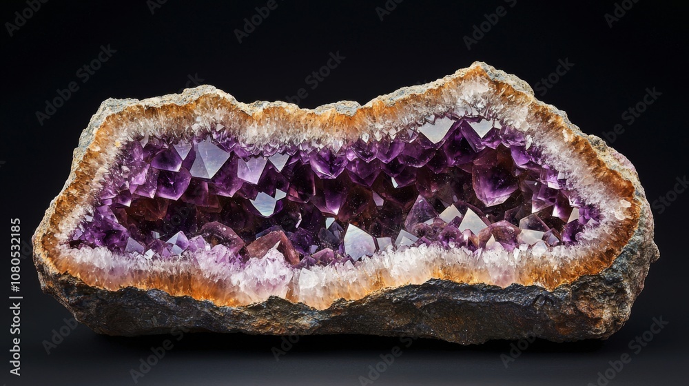Amethyst geode closeup with detailed color gradient on dark background Amethyst geode closeup with detailed color gradient on dark background