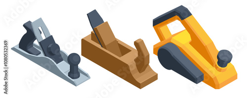 Isometric A carpenter's wooden and metal plane jointer placed on a wooden workbench in a woodworking workshop. Woodworking tools wooden table. Carpentry workshop