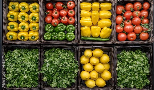 A close-up shot of fresh vegetables and fruits in baskets on the shelves at a supermarket, including yellow bell peppers, red tomatoes, green coriander leaves,  photo