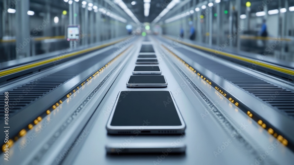 Automated assembly line with smartphones in production Automated assembly line with smartphones in production