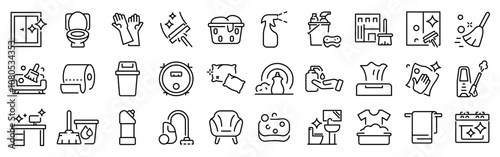 Cleaning web icons in line style. Dusting, cleaning, vacuuming, washing, changing, organizing. Vector illustration. Editable stroke.