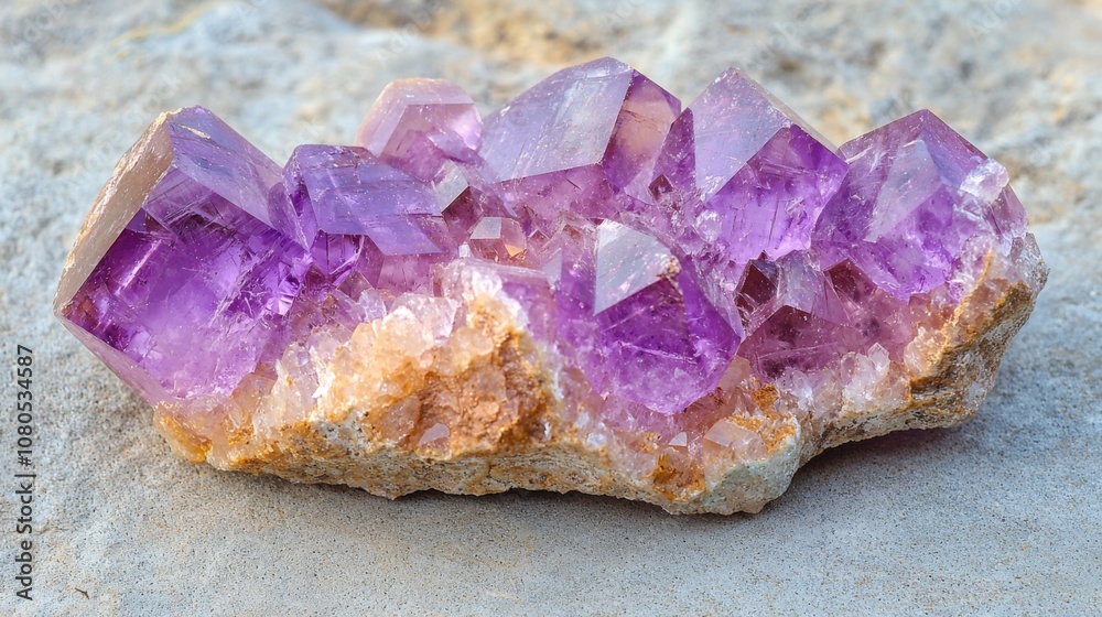 Amethyst crystal cluster showcased in natural lighting on neutral surface Amethyst crystal cluster showcased in natural lighting on neutral surface